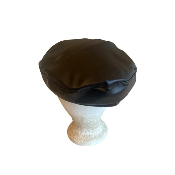 Black Faux Leather Rhinestone Embellished Baker Boy Hat Biker Moto One Size - Picture 3 of 5